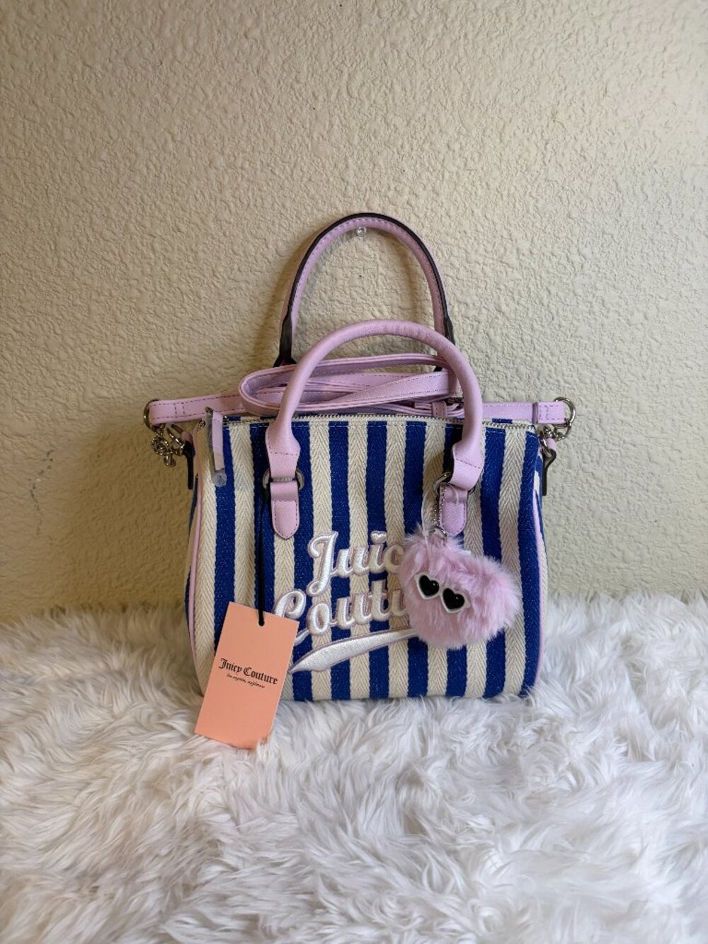 Juicy Couture Striped Satchel Crossbody Bag Blue Cream NWT